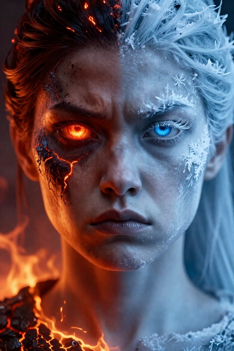 Ultra-detailed hyper-realistic portrait of a woman split perfectly down the middle one half representing fire and the othe...