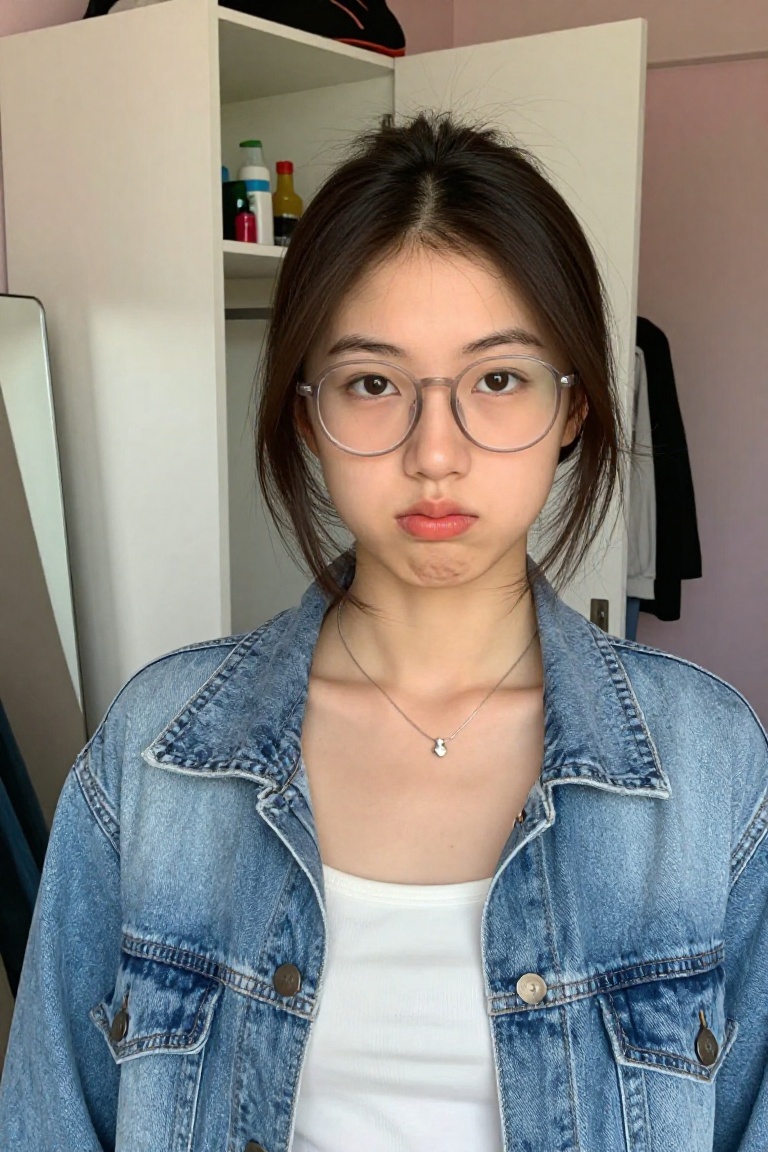 A young East Asian woman with shoulder-length dark brown hair pulled back loosely,  wearing round clear-framed glasses. Sh...