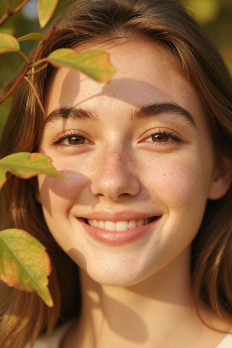 close-up portrait of a young woman facing forward,  head slightly angled,  soft calm expression on Tensor.Art