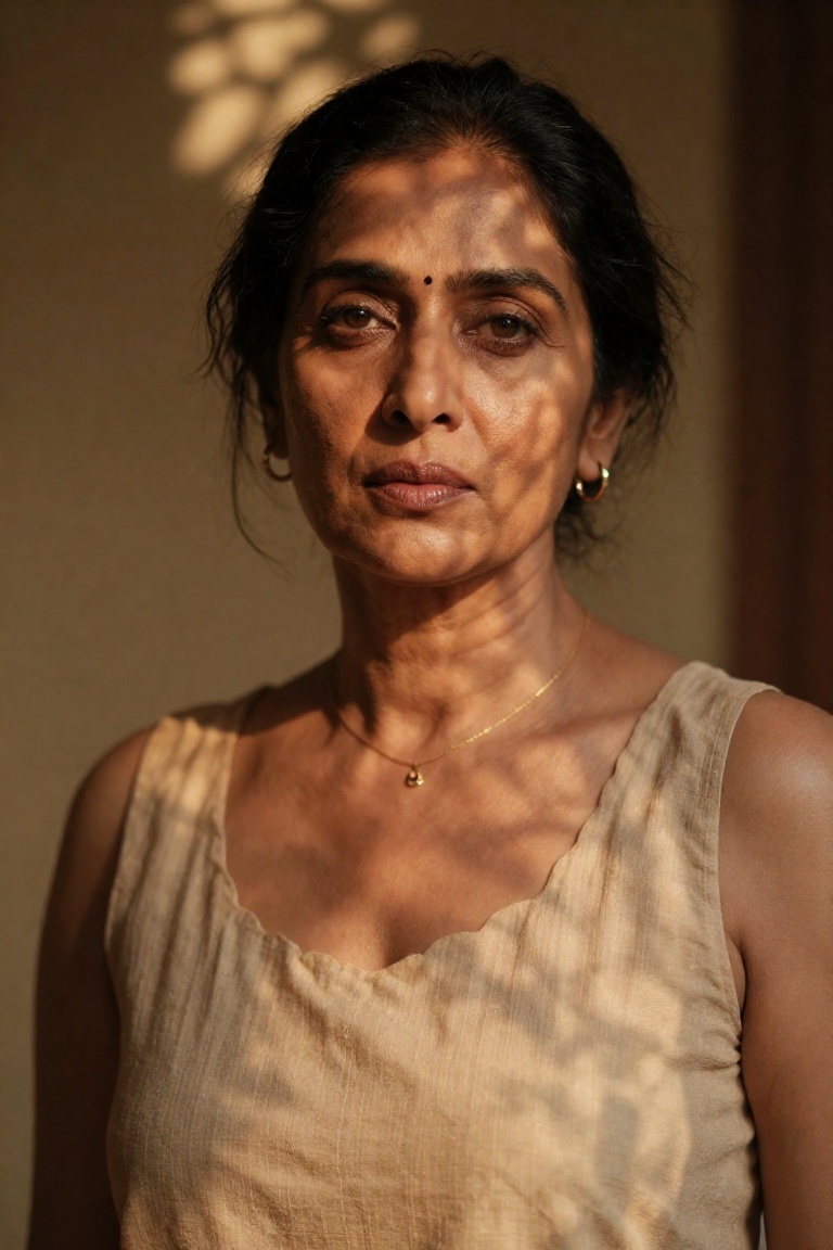 A young South Asian woman with warm skin and dark brown hair styled in a loose low bun,  with soft tendrils framing her fa...