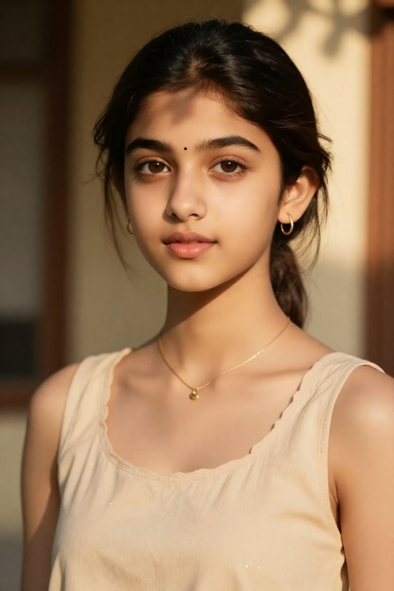 A young South Asian woman with warm skin and dark brown hair styled in a loose low bun,  with soft tendrils framing her fa...