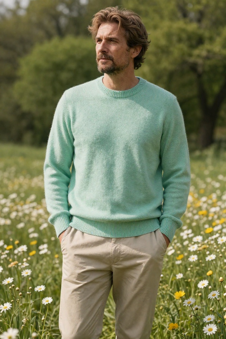 A young man with light brown tousled hair and a neatly trimmed beard stands in a sunlit wildflower meadow. He wears a soft...