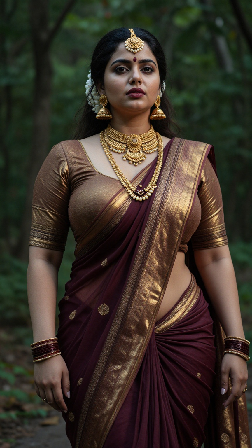 Create a curvy Russian woman with enormous breasts,  saree and blouse,  Low waisted saree on Tensor.Art