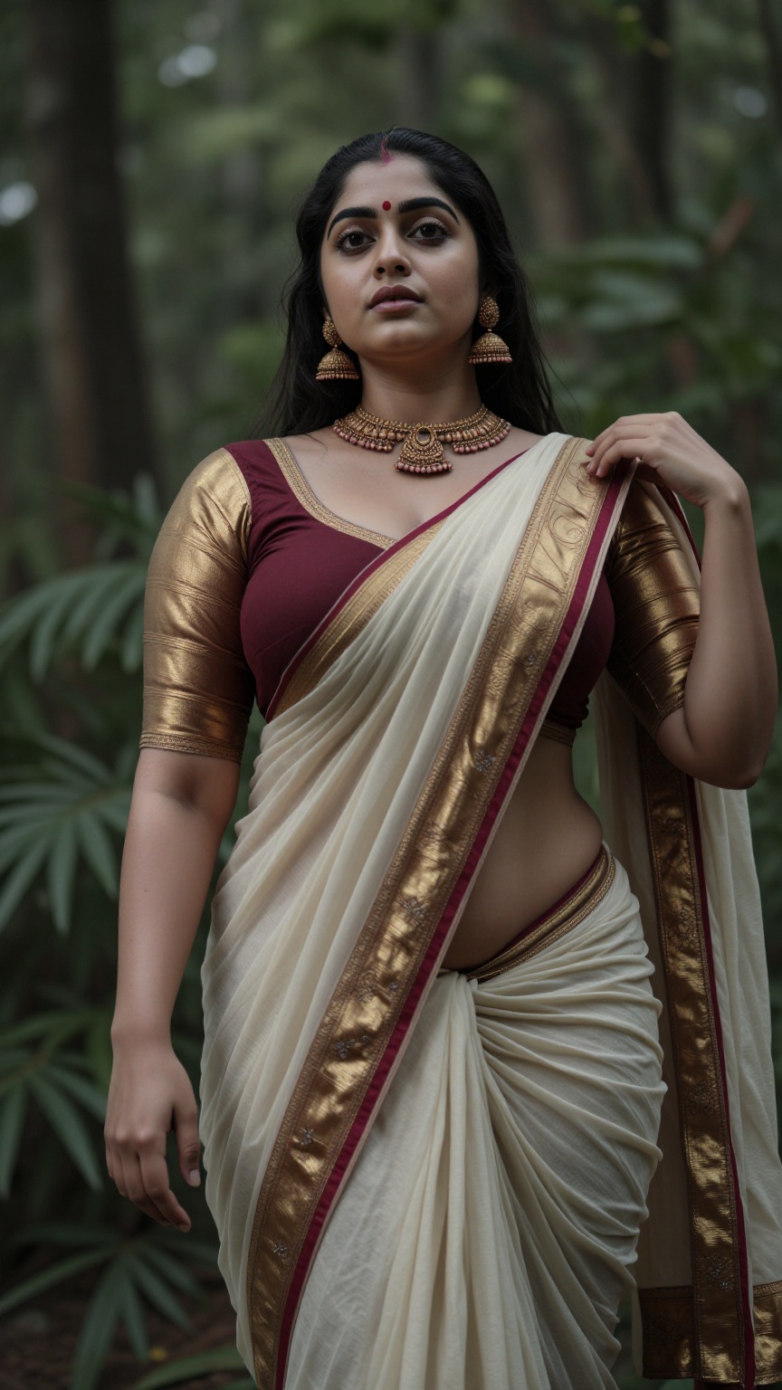 Create a curvy woman with enormous breasts,  saree and blouse,  Low waisted saree on Tensor.Art