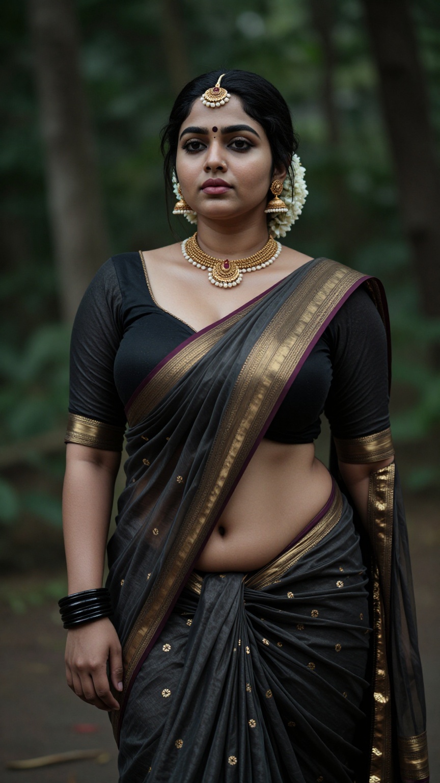 Create a curvy woman with enormous breasts,  saree and blouse,  Low waisted saree on Tensor.Art