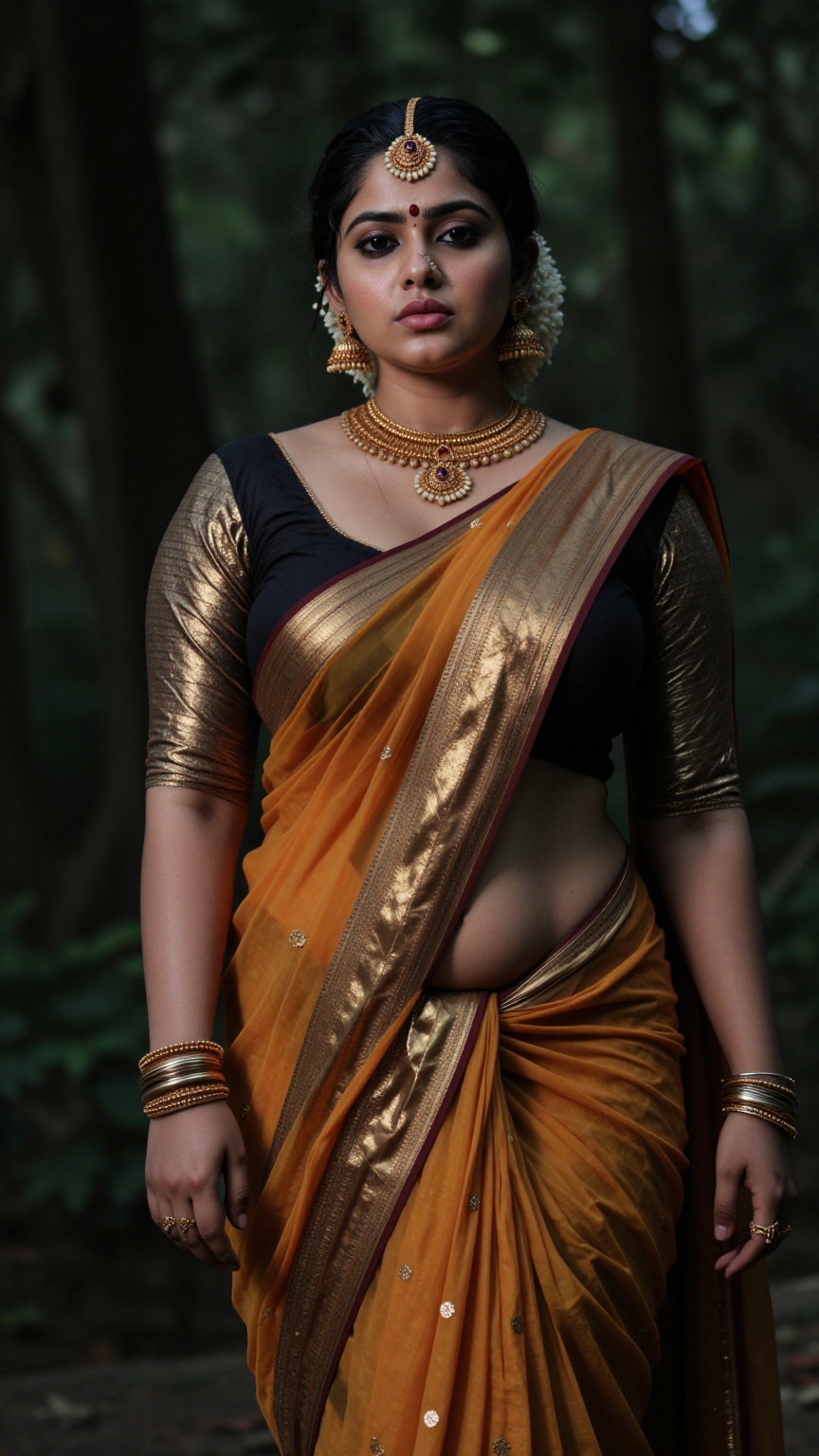 Create a curvy woman with enormous breasts,  saree and blouse,  Low waisted saree on Tensor.Art