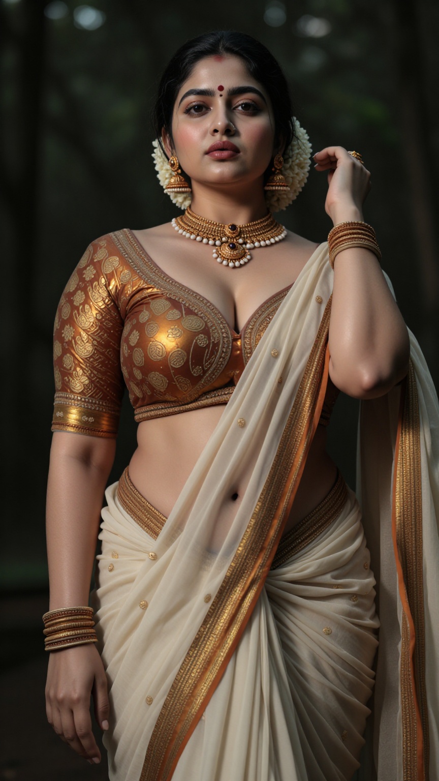 Create a curvy woman with enormous breasts,  saree and blouse,  Low waisted saree on Tensor.Art