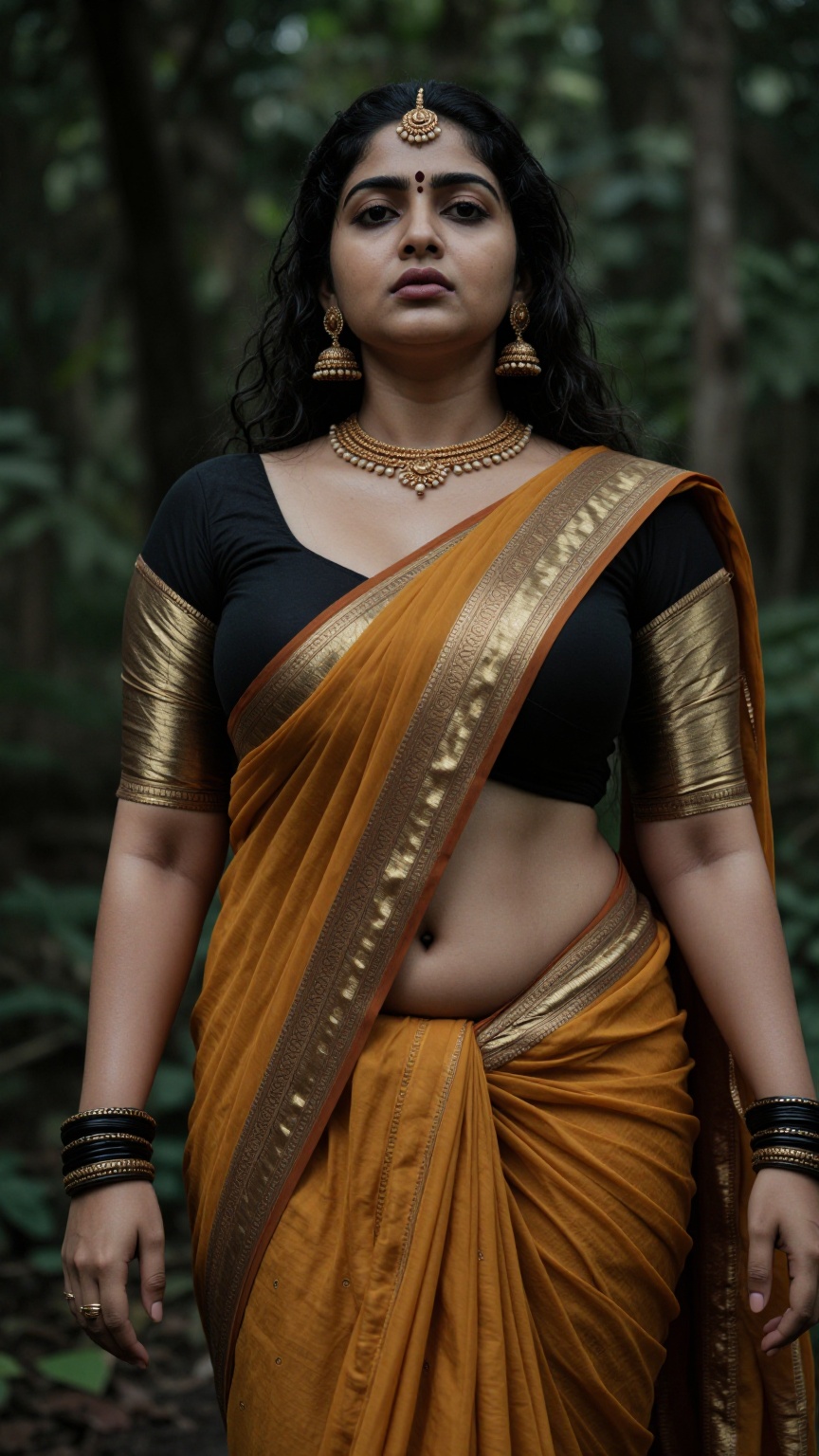 Create a curvy woman with enormous breasts,  saree and blouse,  Low waisted saree on Tensor.Art