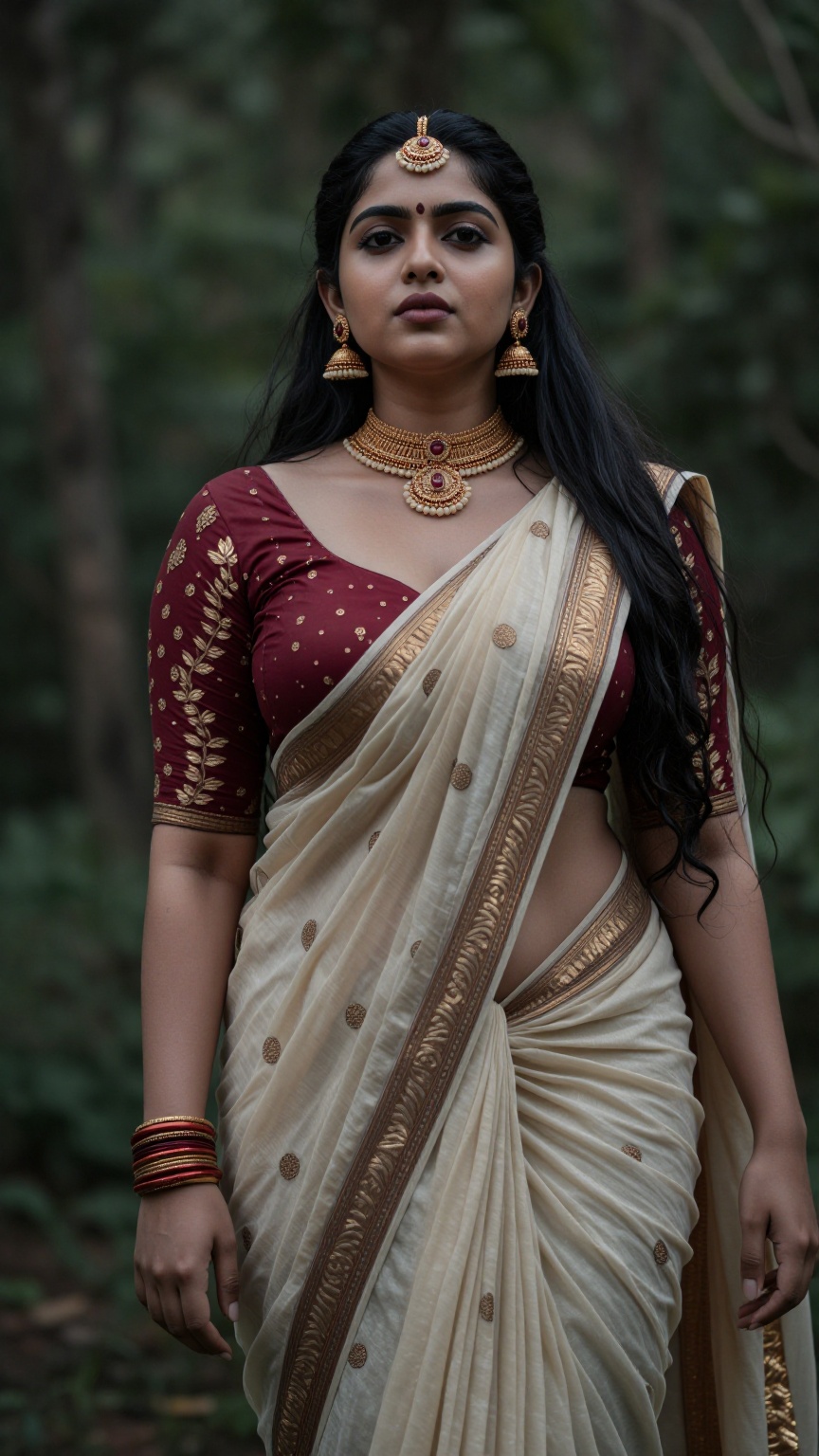 Create a curvy woman with enormous breasts,  saree and blouse,  Low waisted saree on Tensor.Art