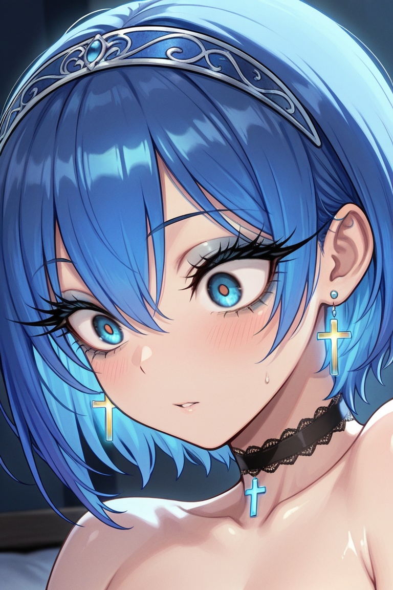 Noble blue hairband,  shiny cross earrings & blue inside of hair,  Long eyelashes & thick eyeliner on Tensor.Art