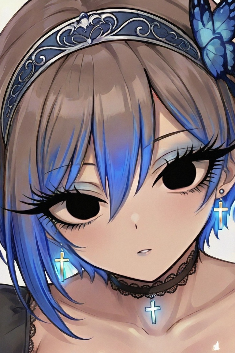 Noble blue hairband,  shiny cross earrings & blue inside of hair,  Long eyelashes & thick eyeliner on Tensor.Art