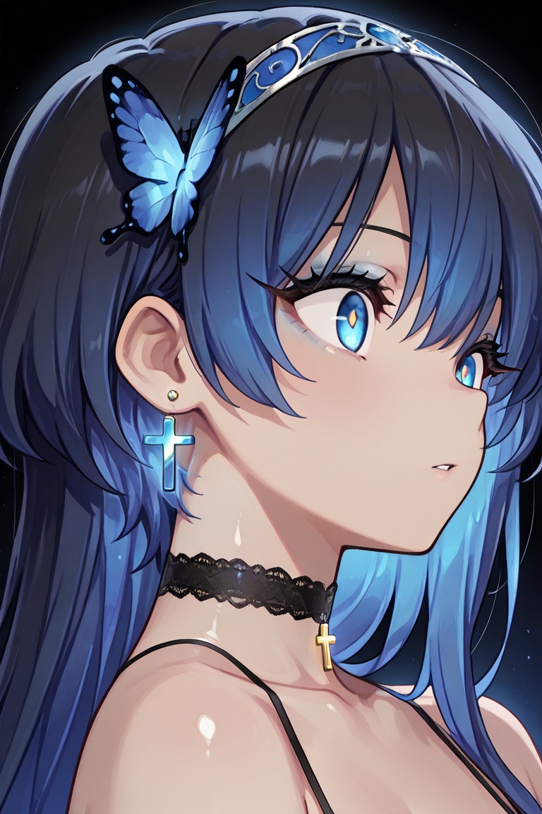 Noble blue hairband,  shiny cross earrings & blue inside of hair,  Long eyelashes & thick eyeliner on Tensor.Art