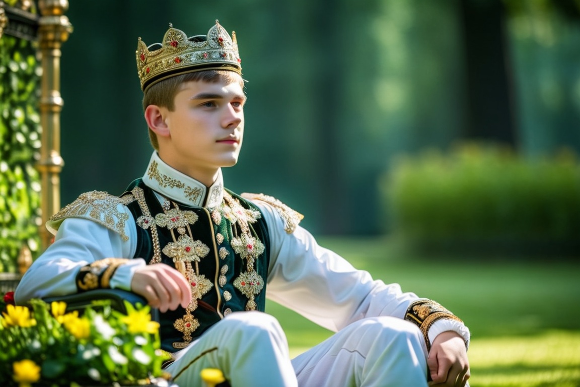 photograph of man 16 year old Russian ,  as fantasy royal sitting on lawn in royal garden ,  skin on Tensor.Art