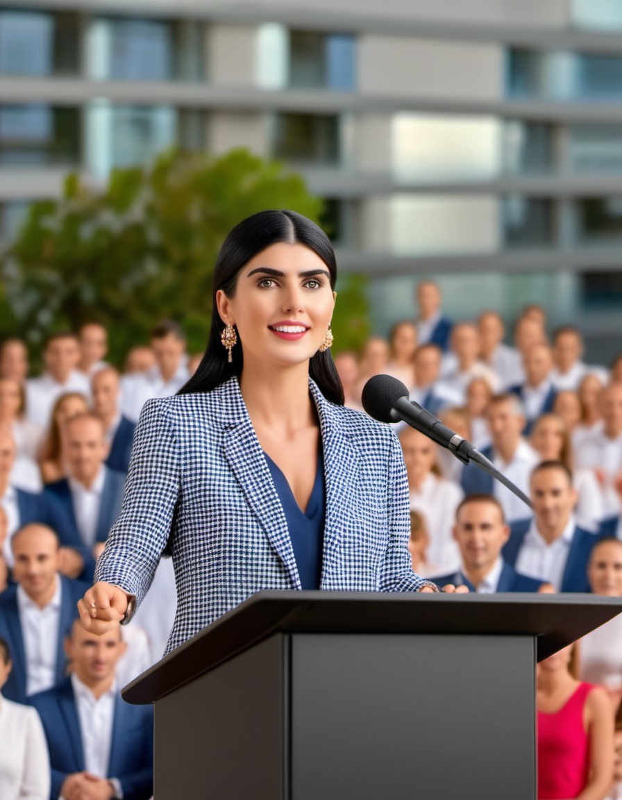 photograph of woman 36 year old Spanish ,  CEO giving a speech ON A PODIUM,  MIKE on Tensor.Art