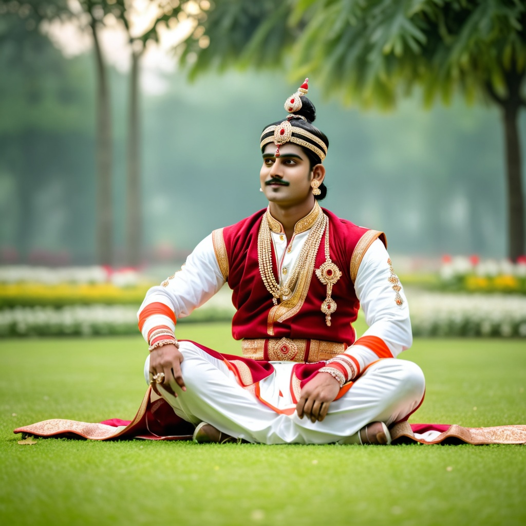 photograph of man 26 year old Hindu ,  as fantasy royal sitting on lawn in royal garden ,  skin on Tensor.Art