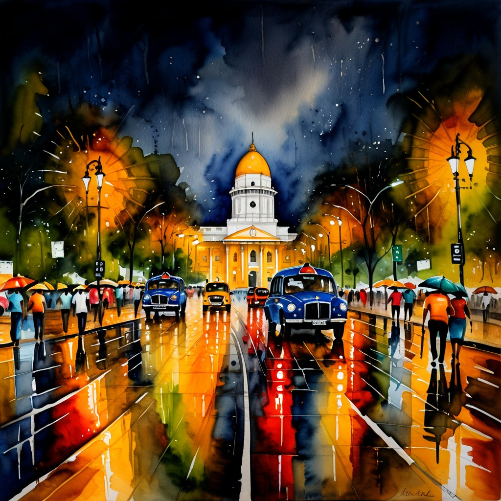 watercolor painting of connaught place,  delhi in ((rain)),  wide roads on Tensor.Art