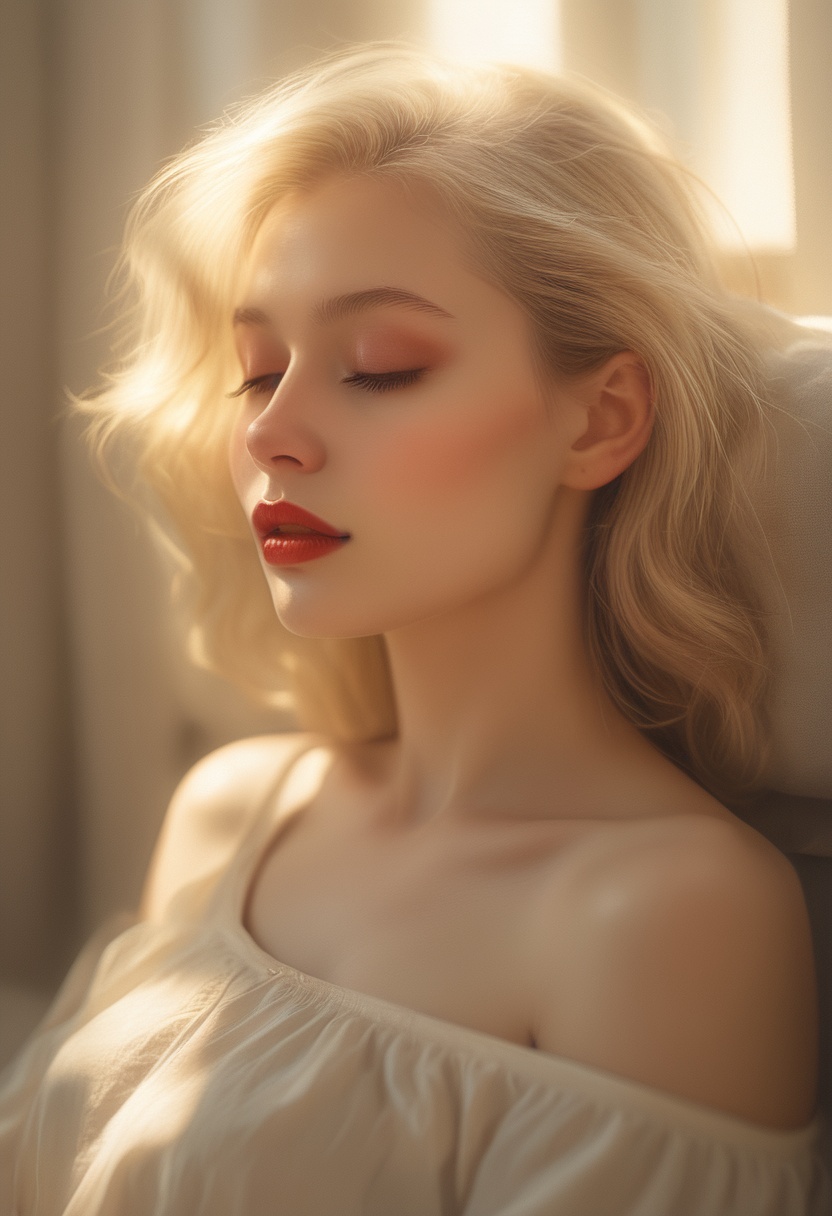 A captivating close-up photograph of a blonde woman,  sleeping peacefully in the morning sunlight. The golden rays stream...