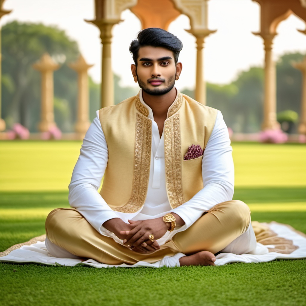 photograph of man 26 year old Hindu ,  as fantasy royal sitting on lawn in royal garden ,  skin on Tensor.Art
