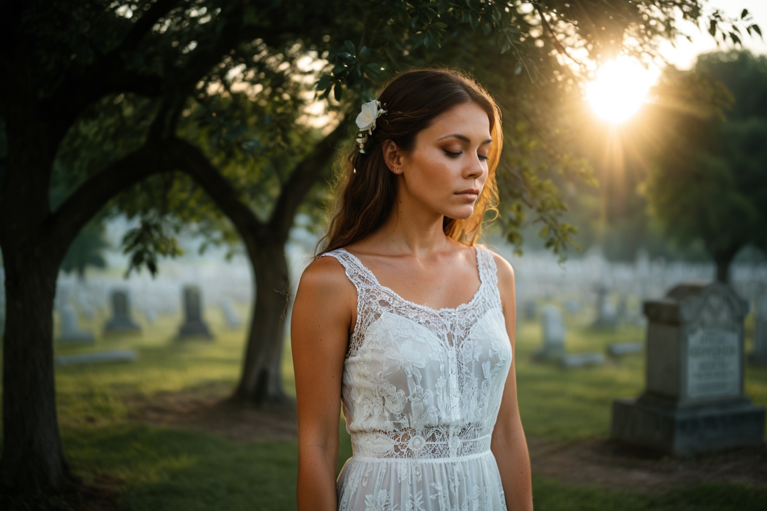 Photo. Profile of a woman in a lace summer dress. She is standing beside a tree with her eyes closed,  facing the morning...