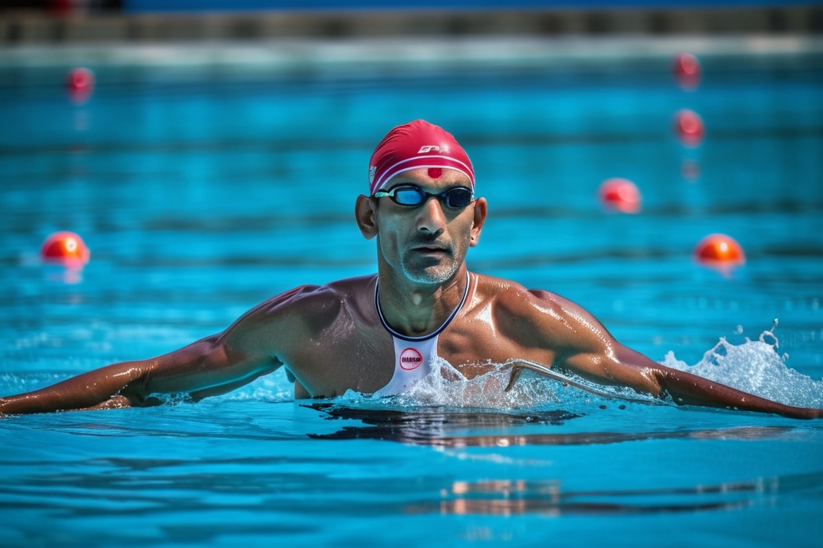photograph of man 46 year old Hindu ,  swimmer swimming in competition ,  skin on Tensor.Art