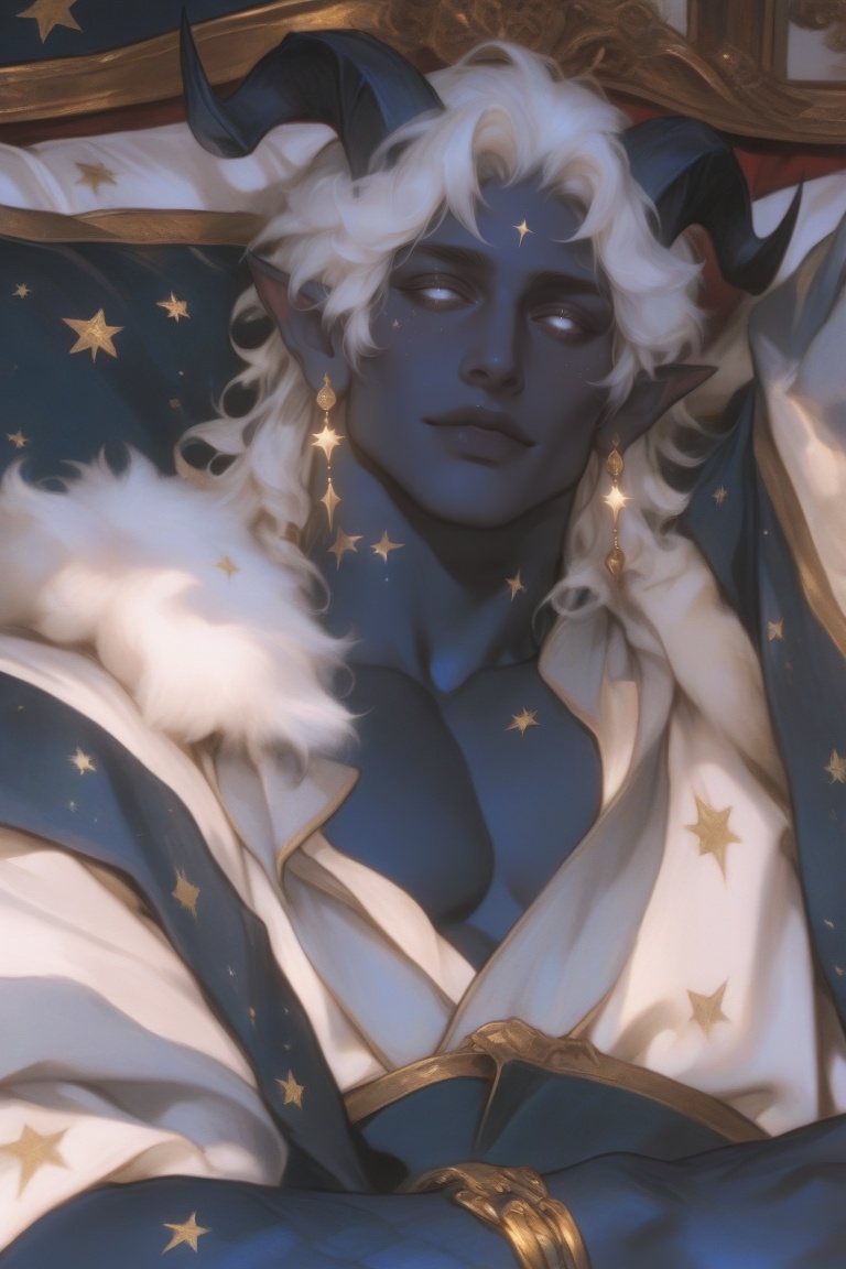 The image depicts 1boy,  tiefling,  dark blue skin on Tensor.Art