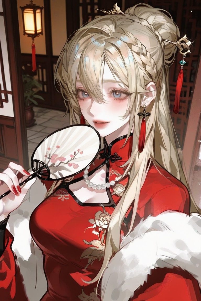 A beautiful anime-style princess ,  She has long wavy blonde hair with bangs ,  with Braided bangs on Tensor.Art