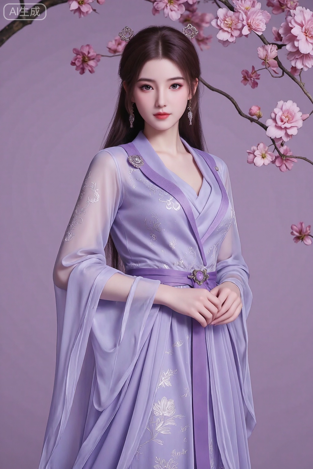 A girl, Beautiful Chinese girl in hanfu, She is dressed in an elaborate purple gown with intricate floral patterns. The dress features sheer sleeves with long, flowing fabric and a matching sheer overlay. Around her waist is a sash, possibly embellished with a flower or gemstone brooch, and the dress has a V-neckline. The overall color palette of the image is dominated by purples and pinks, creating a harmonious and dreamy aesthetic.