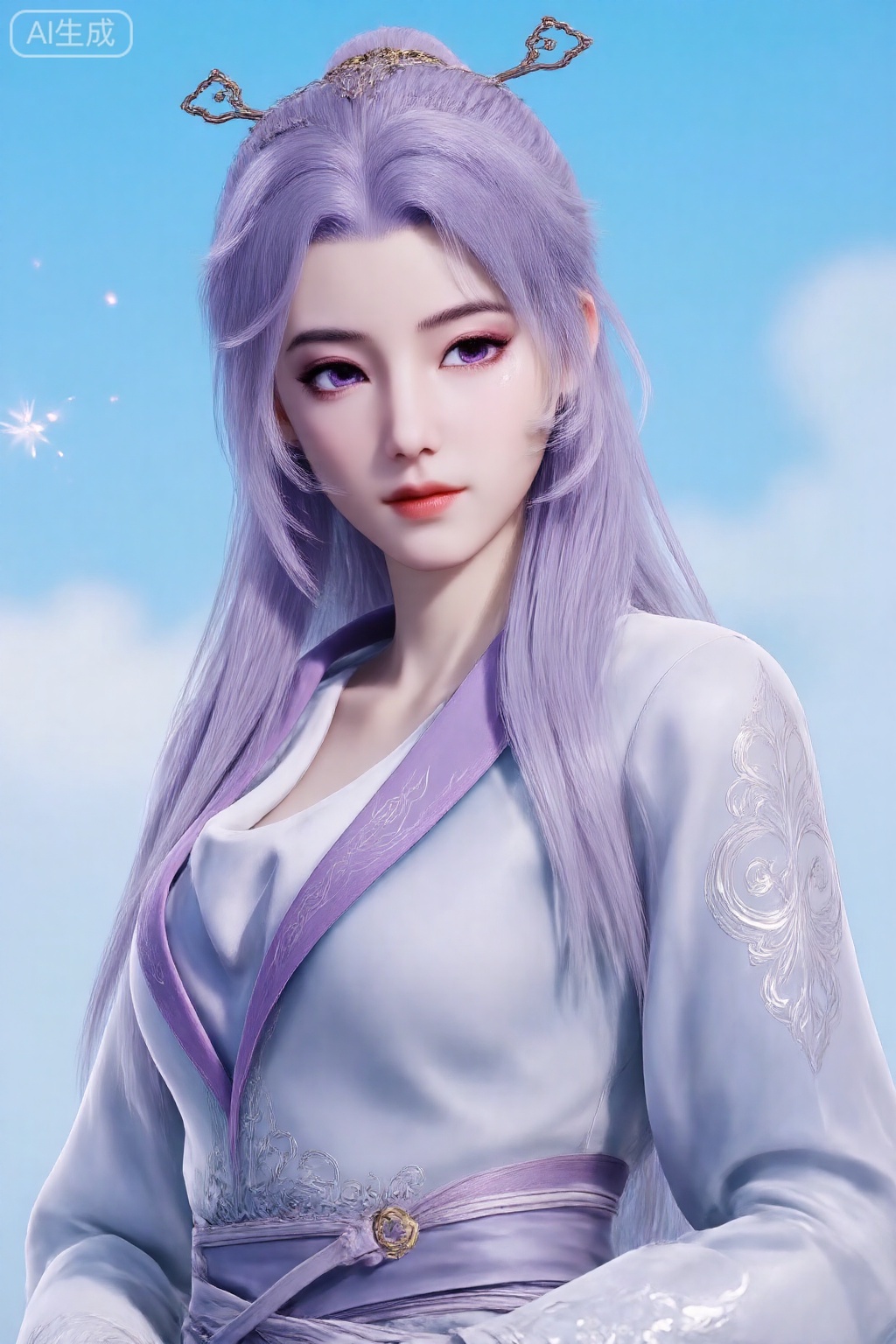 1girl, long hair, solo, jewelry, purple eyes, hair ornament, purple hair, sky, upper body, earrings, sparkle, long sleeves, looking to the side, blue sky, dress, realistic, chinese clothes, tiara, closed mouth