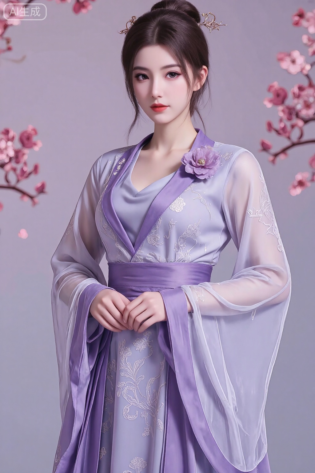 A girl, Beautiful Chinese girl in hanfu, She is dressed in an elaborate purple gown with intricate floral patterns. The dress features sheer sleeves with long, flowing fabric and a matching sheer overlay. Around her waist is a sash, possibly embellished with a flower or gemstone brooch, and the dress has a V-neckline. The overall color palette of the image is dominated by purples and pinks, creating a harmonious and dreamy aesthetic.