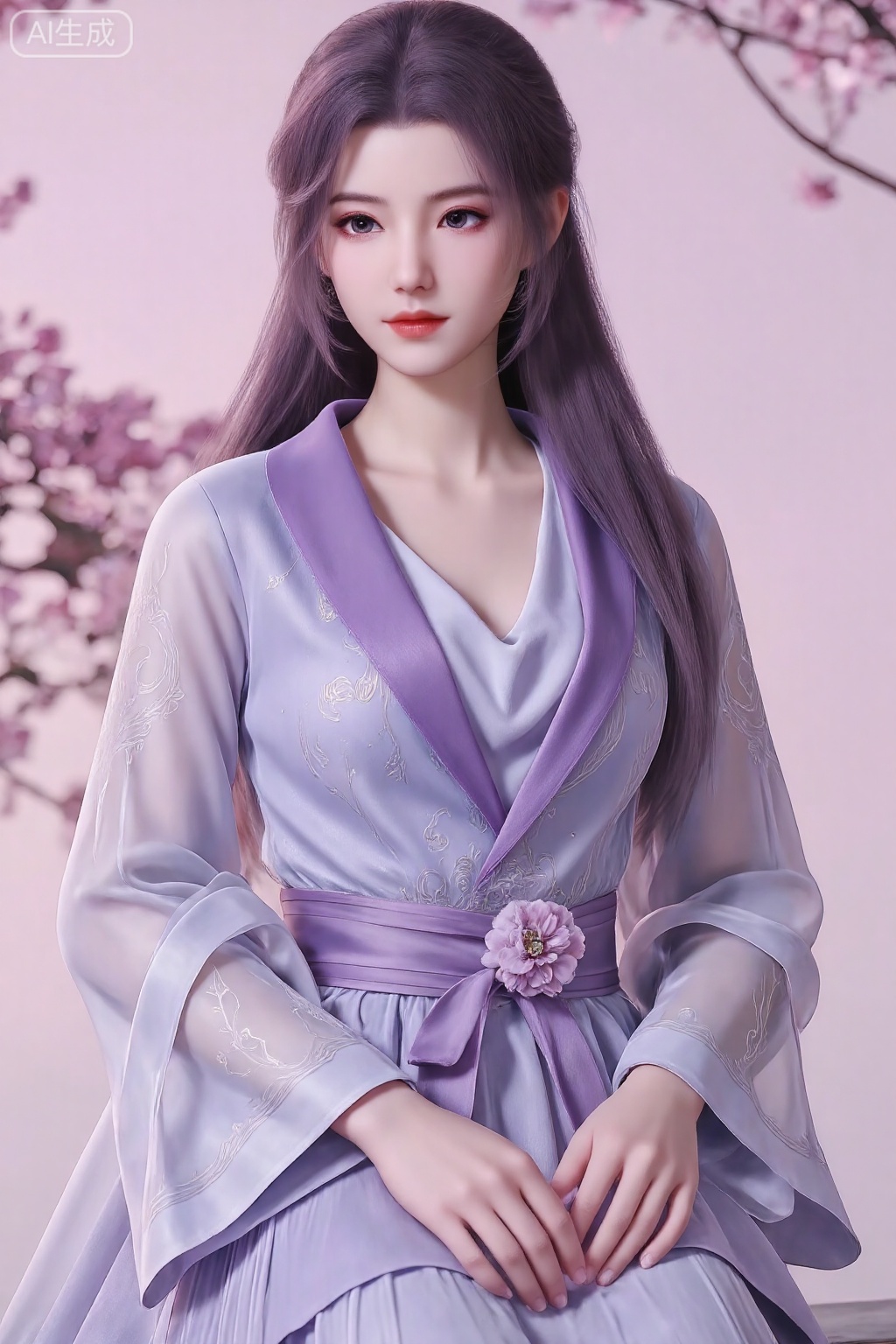 A girl, Beautiful Chinese girl in hanfu, She is dressed in an elaborate purple gown with intricate floral patterns. The dress features sheer sleeves with long, flowing fabric and a matching sheer overlay. Around her waist is a sash, possibly embellished with a flower or gemstone brooch, and the dress has a V-neckline. The overall color palette of the image is dominated by purples and pinks, creating a harmonious and dreamy aesthetic.