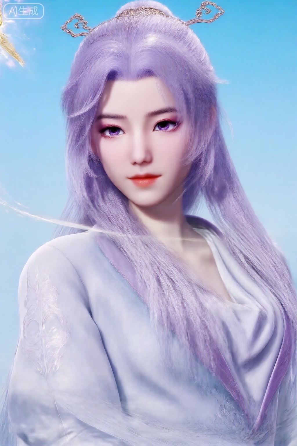 1girl, long hair, solo, jewelry, purple eyes, hair ornament, purple hair, sky, upper body, earrings, sparkle, long sleeves, looking to the side, blue sky, dress, realistic, chinese clothes, tiara, closed mouth