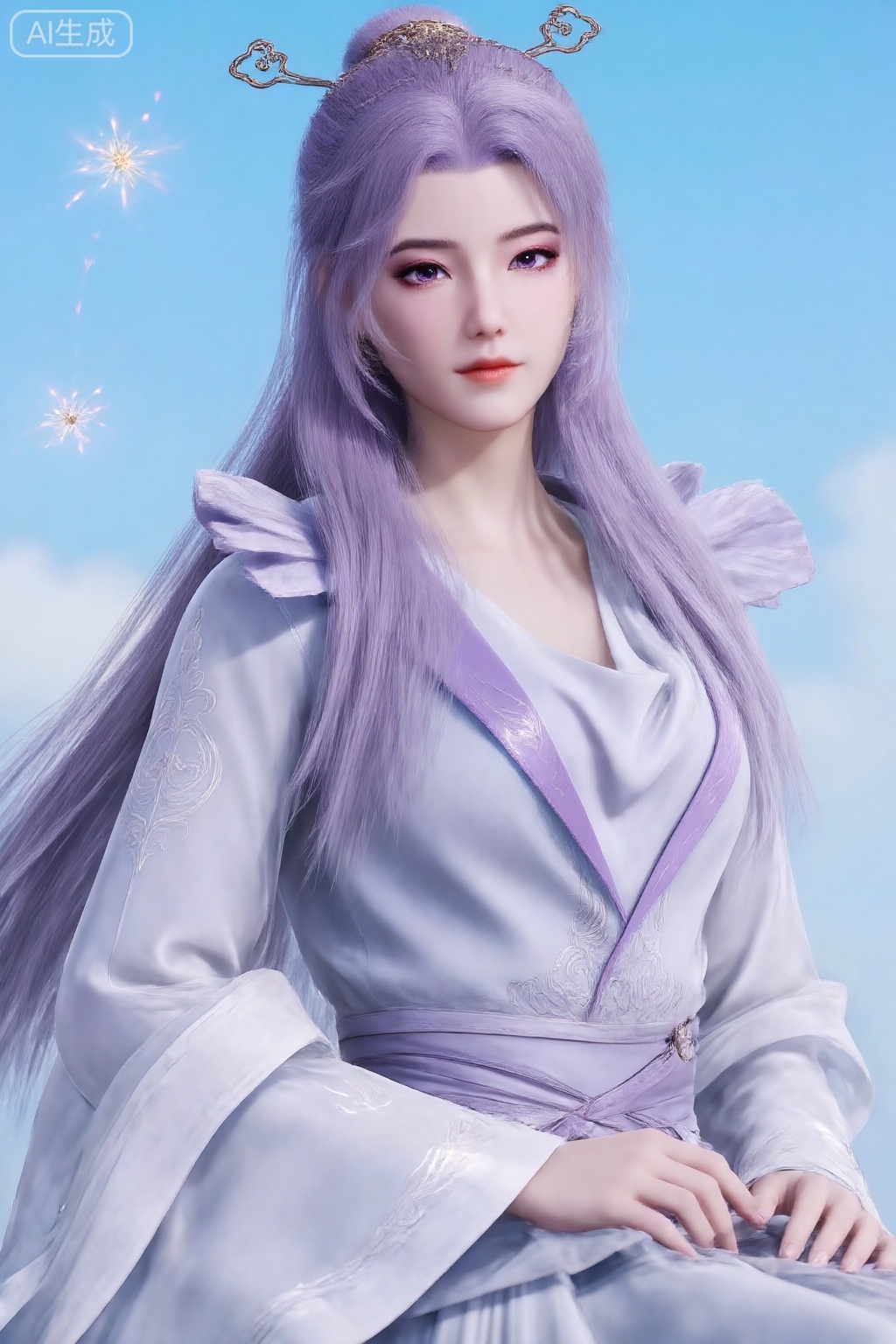 1girl, long hair, solo, jewelry, purple eyes, hair ornament, purple hair, sky, upper body, earrings, sparkle, long sleeves, looking to the side, blue sky, dress, realistic, chinese clothes, tiara, closed mouth