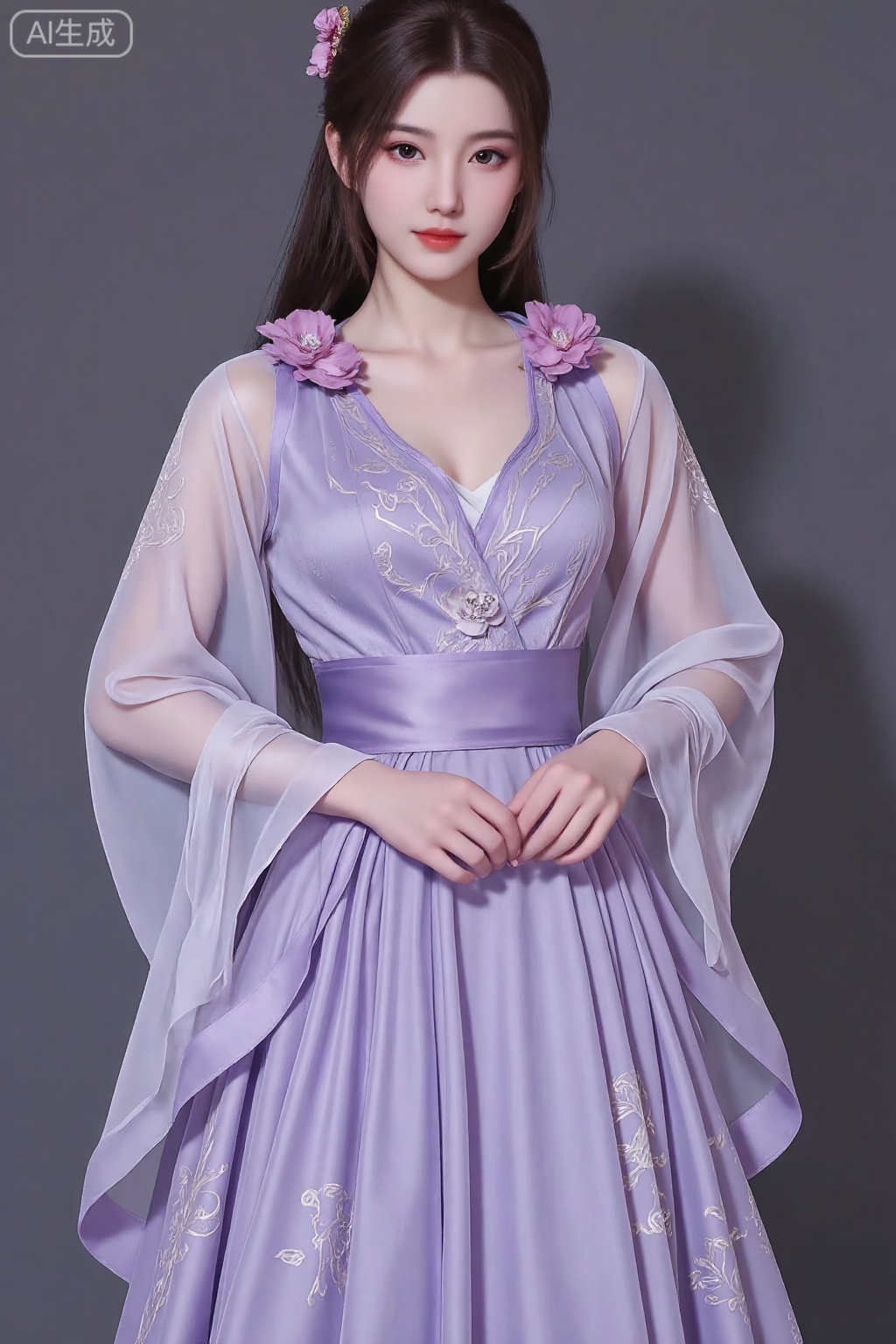 A girl, Beautiful Chinese girl in hanfu, She is dressed in an elaborate purple gown with intricate floral patterns. The dress features sheer sleeves with long, flowing fabric and a matching sheer overlay. Around her waist is a sash, possibly embellished with a flower or gemstone brooch, and the dress has a V-neckline. The overall color palette of the image is dominated by purples and pinks, creating a harmonious and dreamy aesthetic.