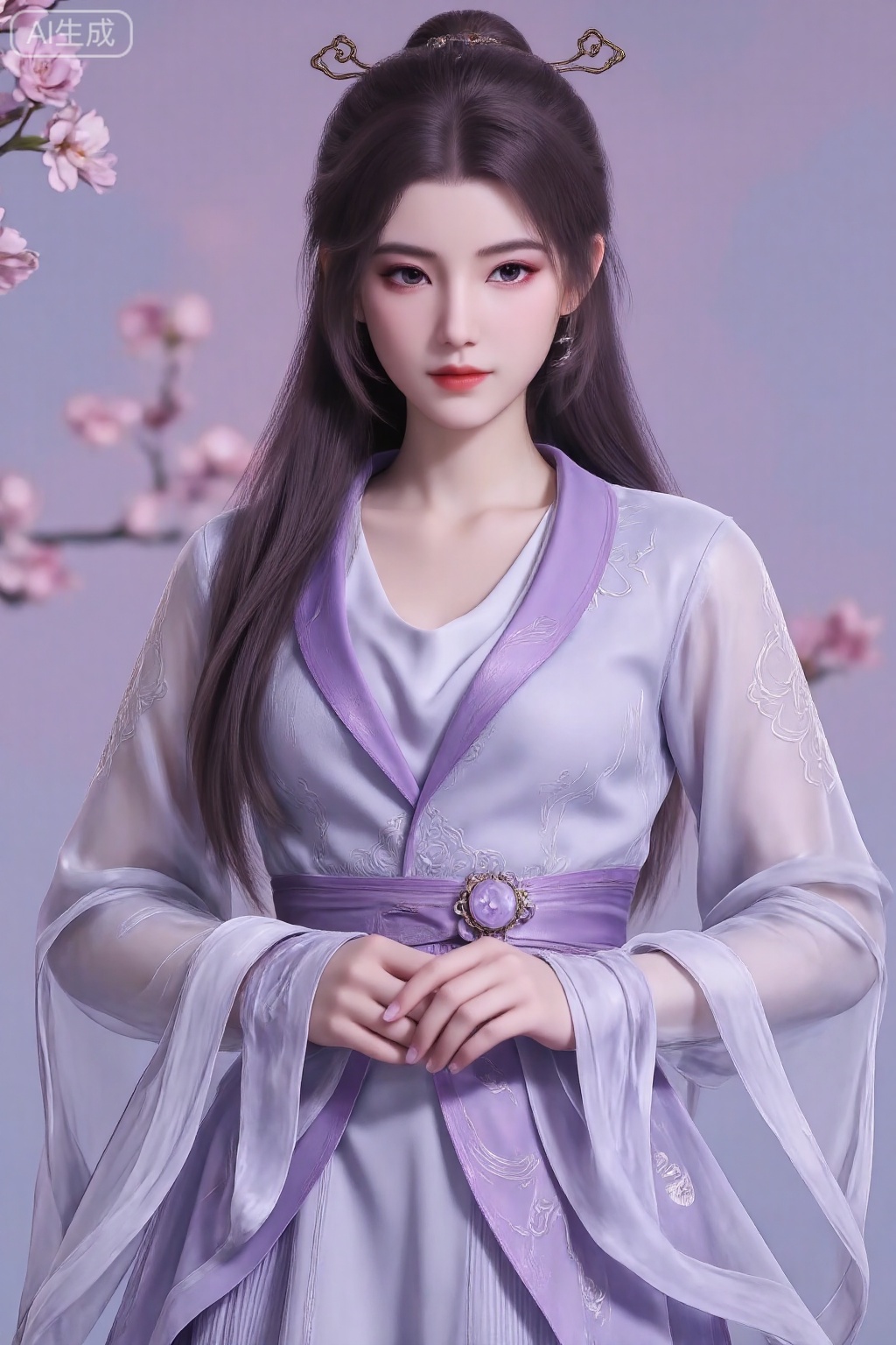 A girl, Beautiful Chinese girl in hanfu, She is dressed in an elaborate purple gown with intricate floral patterns. The dress features sheer sleeves with long, flowing fabric and a matching sheer overlay. Around her waist is a sash, possibly embellished with a flower or gemstone brooch, and the dress has a V-neckline. The overall color palette of the image is dominated by purples and pinks, creating a harmonious and dreamy aesthetic.