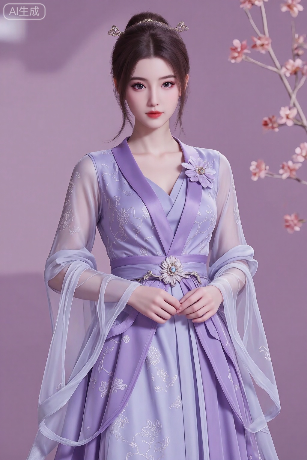 A girl, Beautiful Chinese girl in hanfu, She is dressed in an elaborate purple gown with intricate floral patterns. The dress features sheer sleeves with long, flowing fabric and a matching sheer overlay. Around her waist is a sash, possibly embellished with a flower or gemstone brooch, and the dress has a V-neckline. The overall color palette of the image is dominated by purples and pinks, creating a harmonious and dreamy aesthetic.