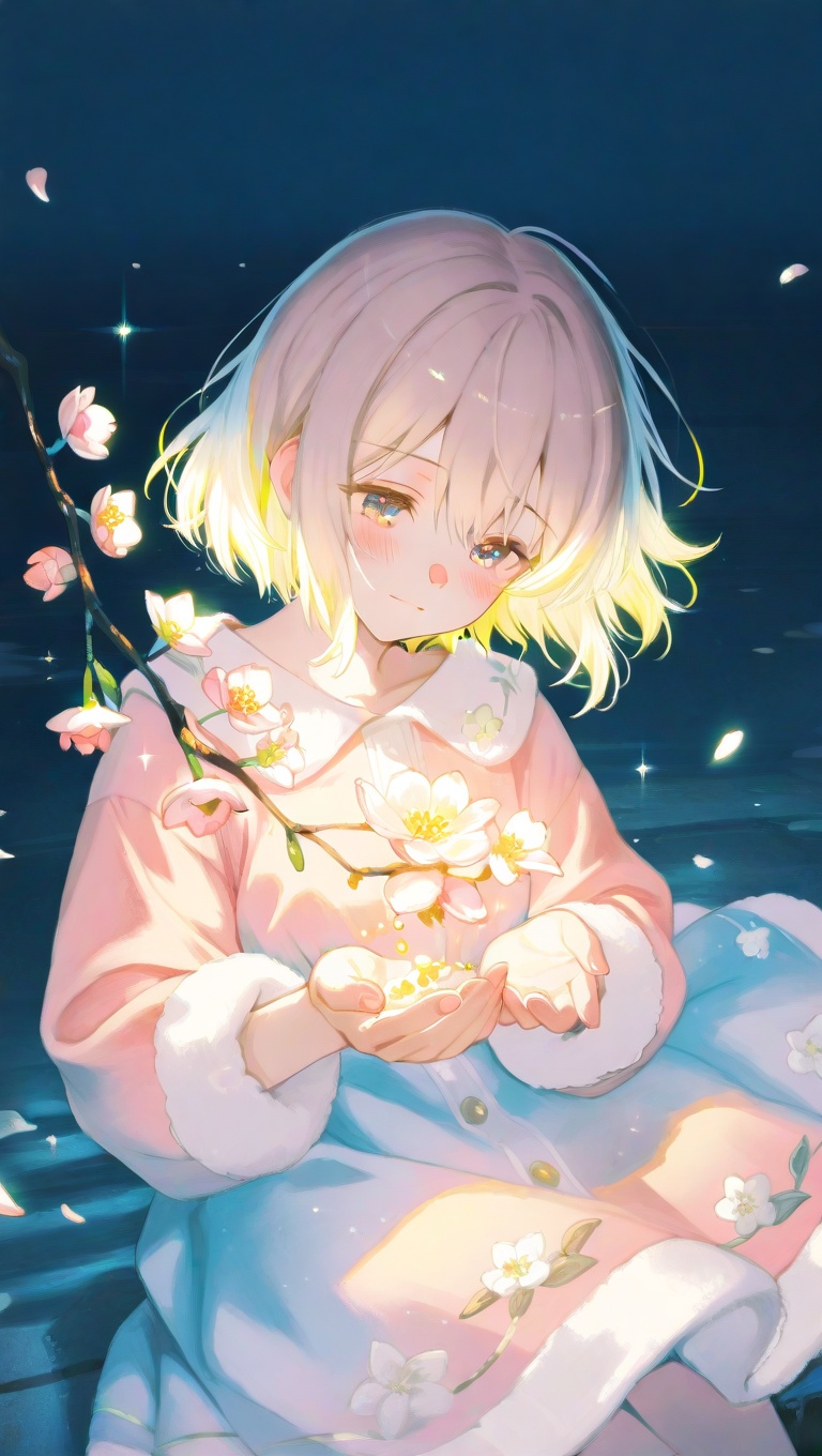 cute girl holding blooming plum branch,  soft blush,  pastel dress on Tensor.Art