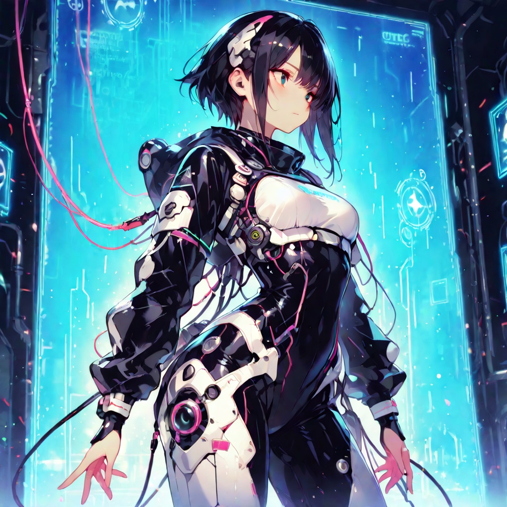 (cute futuristic costume),  sharp eyes,  sleek hair (dynamic standing pose) (high-tech background on Tensor.Art