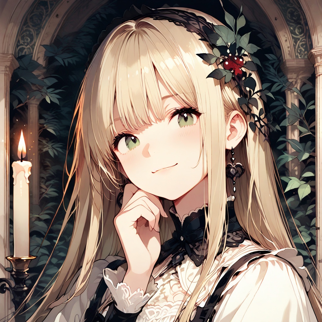 (gothic-modern outfit),  cool smile,  long straight hair (still portrait pose) (dark ornamental background on Tensor.Art
