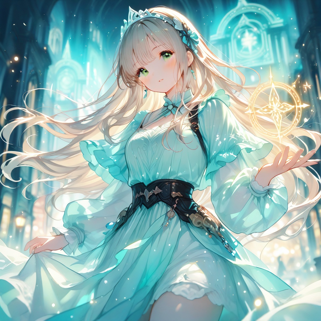 (elegant cute outfit),  calm but captivating expression,  long flowing hair (three-quarter pose on Tensor.Art