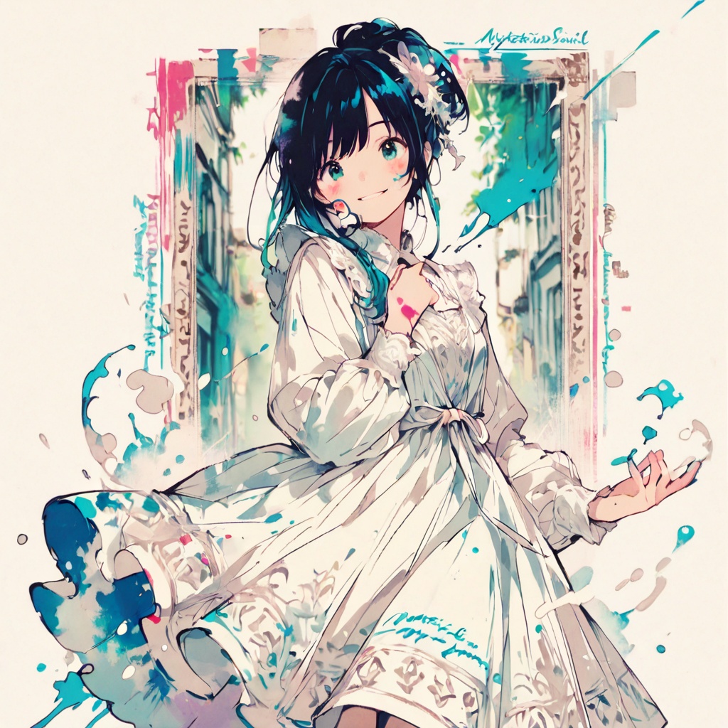 (artsy modern dress),  mysterious smile,  asymmetrical hairstyle (static powerful stance) (contemporary art collage backgr...