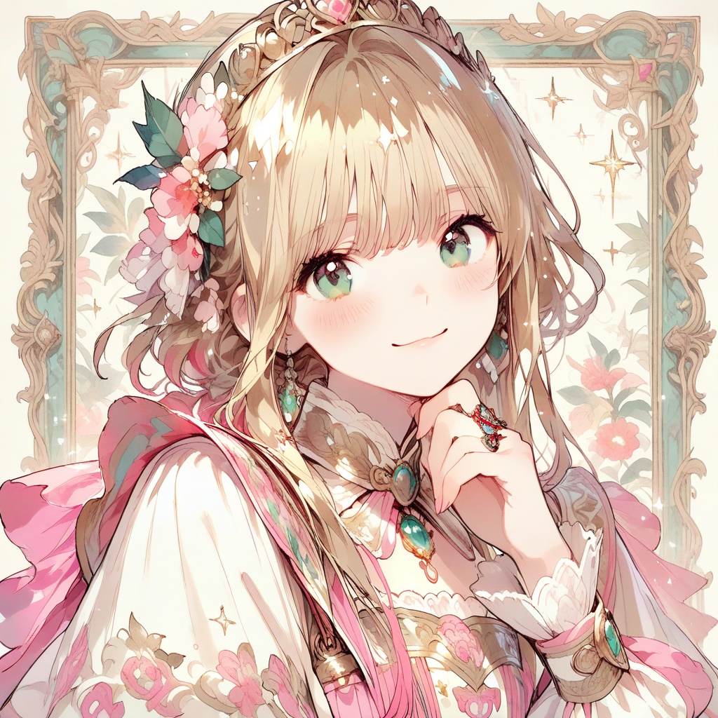 (ornate fashion outfit),  gentle smile,  twin accents (front-facing cover pose) (luxury decorative background on Tensor.Art
