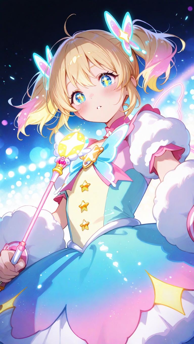 Create a cute magical girl bust-up with a glowing wand close to her face. She has a warm blush,  sparkling eyes,  and wear...