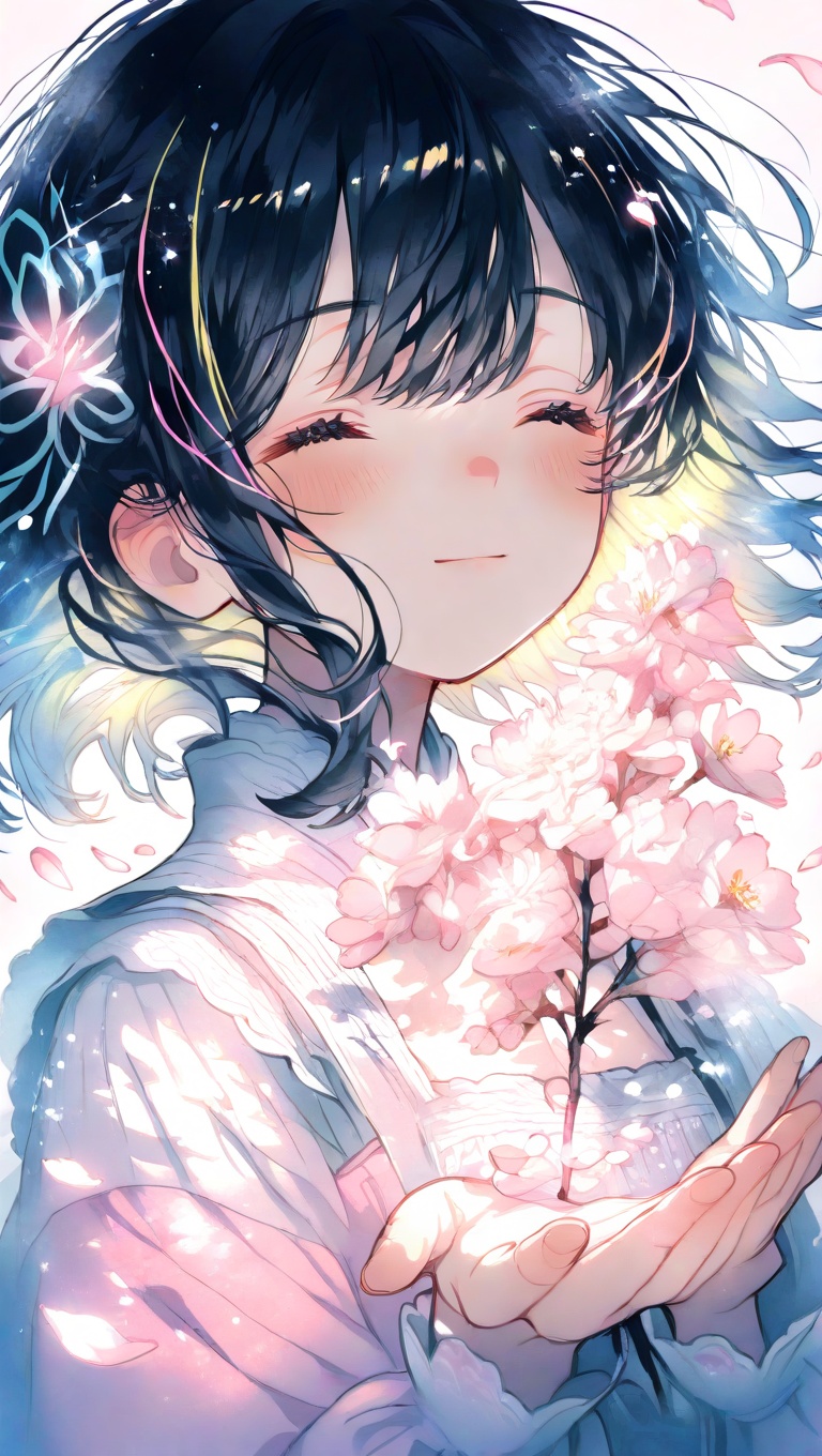 cute girl holding cherry blossom branch close to chest,  bust-up view,  soft blush on Tensor.Art