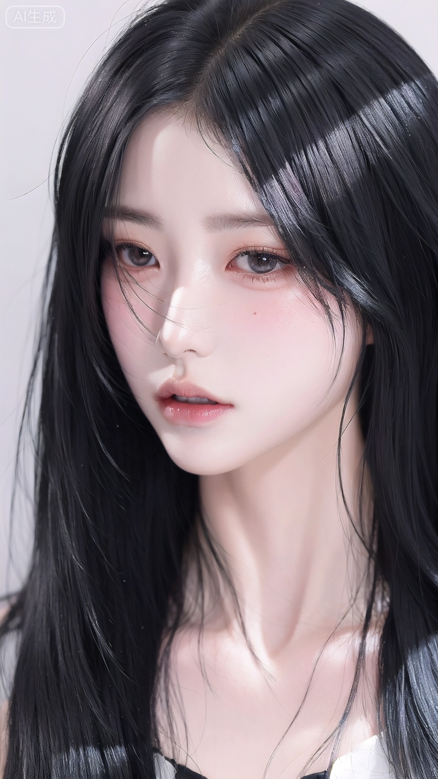 1girl, solo, long hair, looking at viewer, black hair, mole, black eyes, lips, portrait, realistic