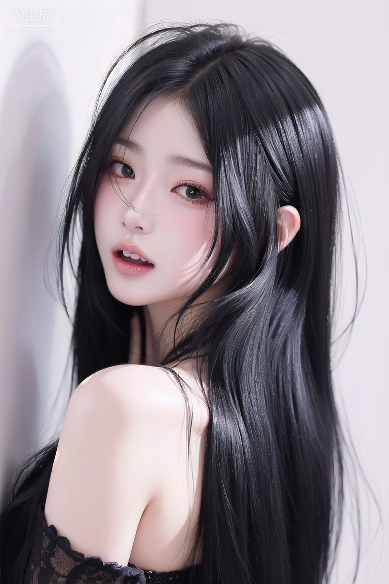 1girl, solo, long hair, looking at viewer, open mouth, black hair, teeth, black eyes, lips, realistic