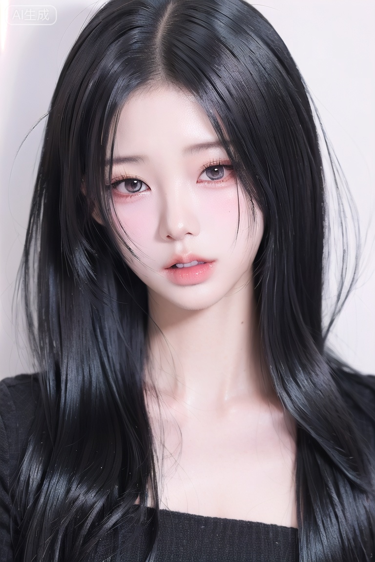 1girl, solo, long hair, looking at viewer, , black hair, teeth, black eyes, lips, realistic