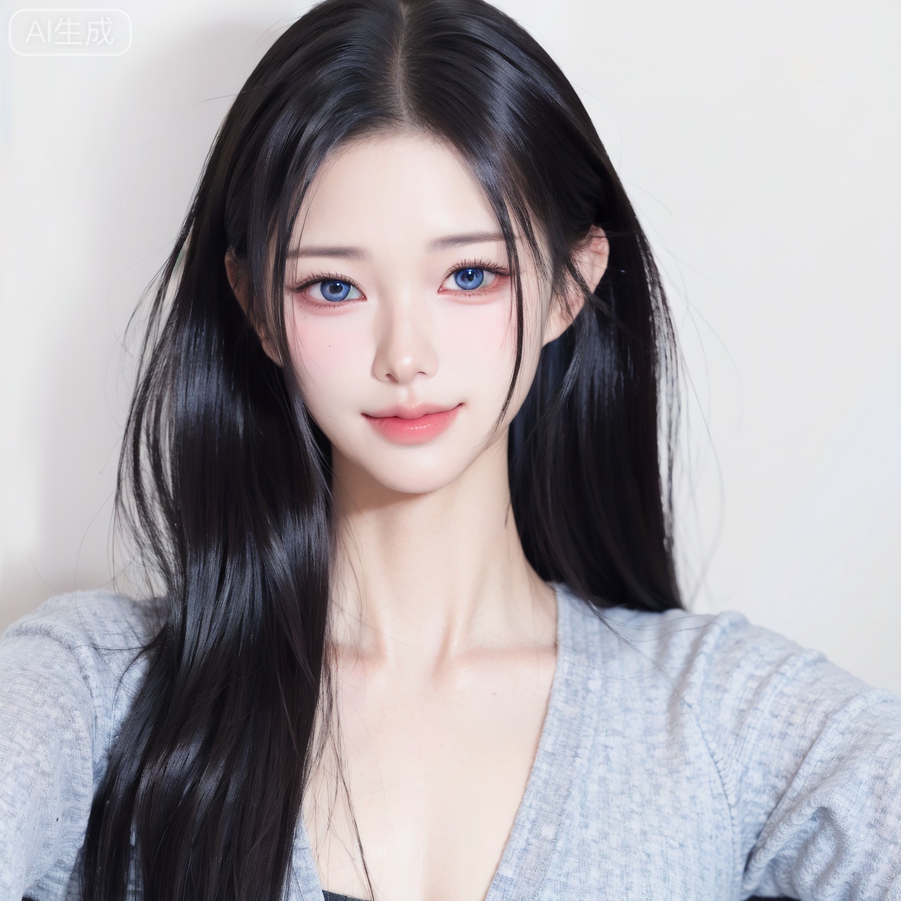 1girl, solo, long hair, looking at viewer, smile, blue eyes, black hair, closed mouth, upper body, lips, realistic, nose