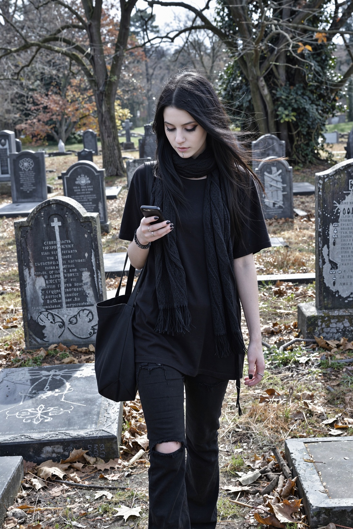 A goth girl,  18 years old,  walks through an old cemetery on a cool autumn afternoon. Her deep brown eyes are rimmed with...