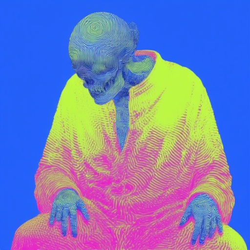 with a high level of detail and vibrant color usage. The image is framed by the vivid blue background,  creating a mesmeri...