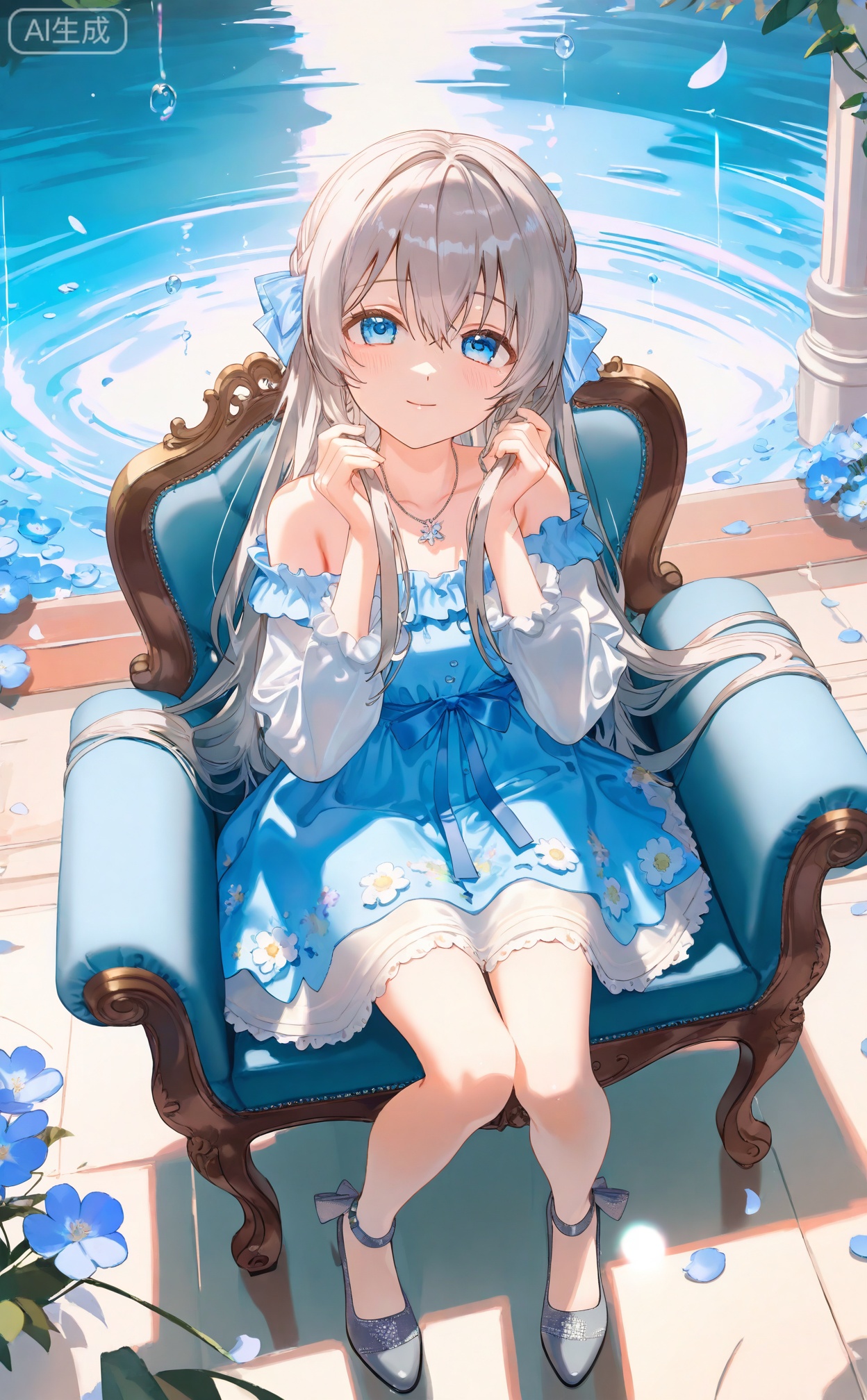 masterpiece,absurdres,best quality,petite,high quality,chromatic_aberration,mmd,
//,
1girl,flower,solo,looking at viewer,sitting,long hair,blue eyes,dress,blue flower,chair,from above,grey hair,smile,blush,closed mouth,floral print,necklace,long sleeves,bow,hair between eyes,off shoulder,off-shoulder dress,jewelry,knees together feet apart,blue bow,bare shoulders,on chair,white dress,holding hair,looking up,braid,hands up,water,water drop,petals,very long hair,ripples,cover image,shoes,grey footwear,black footwear,novel cover,ribbon,hair ornament,armchair,holding,blue ribbon,blue dress,
//,
(ciloranko:0.9),(wanke:0.5),(umehara_sei:1.2),(shiina_1001:0.8),(chiu538:0.7),(sakura_(39ra):0.6),(qizhu:0.88),(mikisai:0.5),